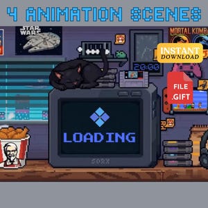 Pode incluir: Ilustração em pixel art de uma cena de jogos retrô. Um gato preto descansa em uma TV vintage exibindo "LOADING". A imagem inclui consoles de jogos, pôsteres, um balde de frango frito e o texto "4 ANIMATION SCENES" e "INSTANT DOWNLOAD".
