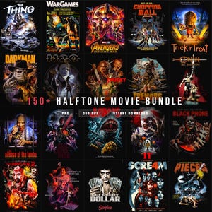 Op de afbeelding: Een digitale collectie van 150+ halftoon filmposters met iconische horror- en actiefilmbeelden, waaronder titels zoals The Thing, Avengers, Chucky, Tremors, Jaws, It en Scarface, gepresenteerd als een raster van hoge resolutie PNG-bestanden.