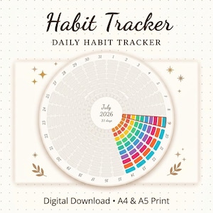 Pode incluir: Um rastreador de hábitos circular para julho de 2026 com 31 dias, com um layout de grade radial. O centro exibe o mês e o ano. Uma seção está preenchida com blocos coloridos em tons de arco-íris. O texto diz Habit Tracker, DAILY HABIT TRACKER, July 2026, 31 days, e Digital Download A4 & A5 Print.