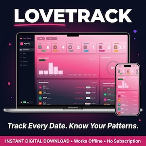 LoveTrack : Suivi de rencontres | Journal de rendez-vous | Indicateurs et score de compatibilité | Outil HTML hors ligne | Téléchargement instantané | Sans abonnement