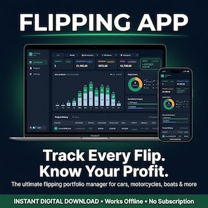 Pode incluir: Um computador portátil e um smartphone exibem o painel da aplicação Flipping em modo escuro, com gráficos financeiros e monitorização de lucros. O texto diz: FLIPPING APP, Track Every Flip. Know Your Profit.