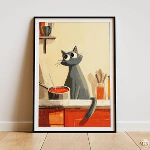 Grijze kat keukenprint, Cyperse kat kookkunst, cadeau kattenliefhebber, digitale download