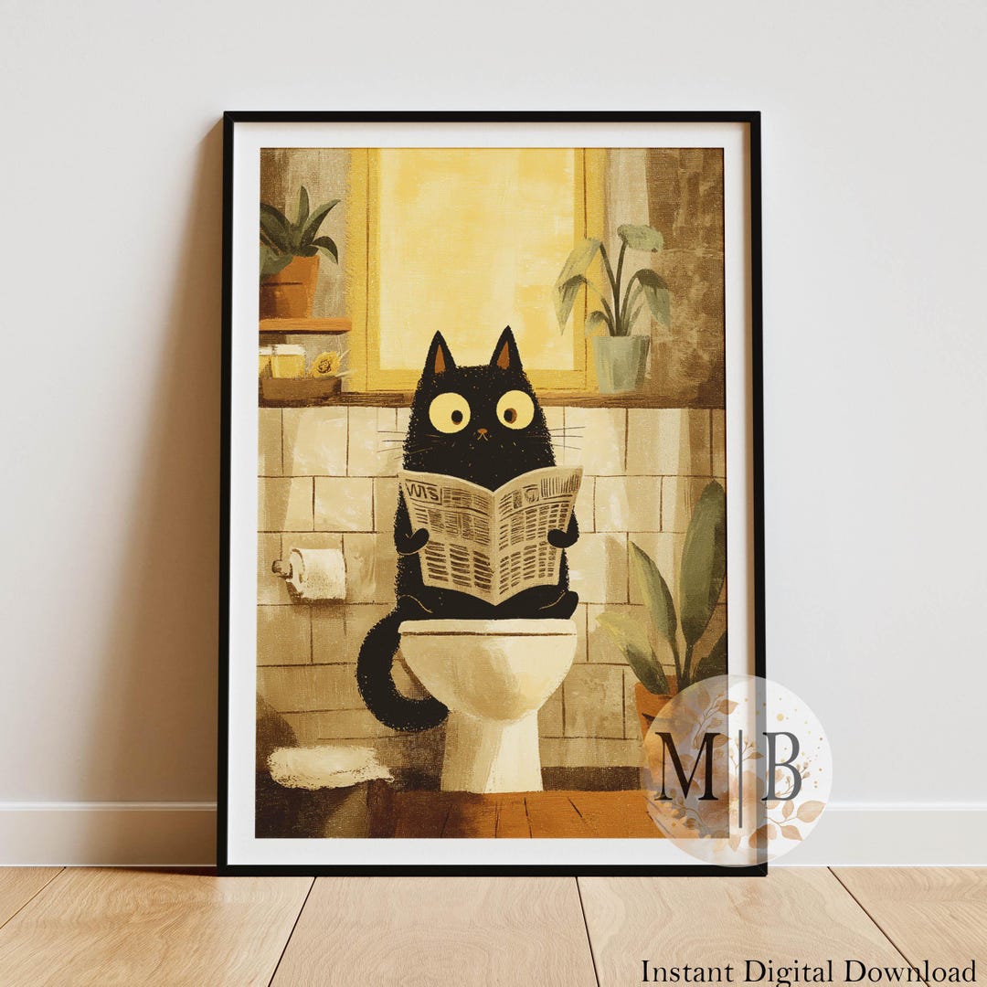 Black Cat Reading Newspaper on Toilet Art Print, Funny Bathroom Wall ...