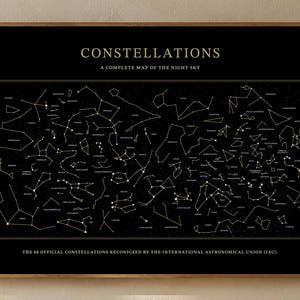 May include: A rectangular wall poster with a black background featuring white lines and dots representing the 88 constellations. The text reads: CONSTELLATIONS A COMPLETE MAP OF THE NIGHT SKY and THE 88 OFFICIAL CONSTELLATIONS RECONIGZED BY THE IAU.