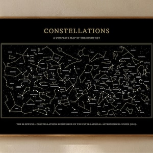 Op de afbeelding: Een rechthoekige wandposter met een zwarte achtergrond en witte lijnen en stippen die sterrenbeelden voorstellen. De tekst luidt: CONSTALLATIONS A COMPLETE MAP OF THE NIGHT SKY en THE 88 OFFICIAL CONSTELLATIONS RECONIGZED BY THE INTERNATIONAL ASTRONOMICAL UNION (IAU).