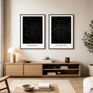 Op de afbeelding: Twee ingelijste verticale wandposters met een zwarte achtergrond en witte sterrenkaarten. De linker poster is gelabeld NORTHERN SKY en de rechter poster is gelabeld SOUTHERN SKY, beide tonen gedetailleerde sterrenbeelden en hemelkaarten.