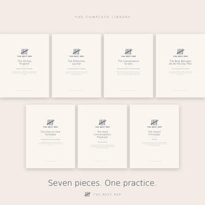 May include: Seven off-white document covers titled The Complete Library, each featuring The Next Rep logo and text including The 30-Day Program, The Reflection Journal, The Conversation Scripts, The New Manager 30-60-90 Day Plan, The One-on-One Template, The Hard Conversations Playbook, and The Seven Principles.
