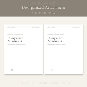 May include: Two white document covers titled Disorganized Attachment: Caught Between Closeness and Distance. One is labeled The Workbook and the other The Companion. Both feature the text Mapped & Abundant and Recovery Editorial at the top.
