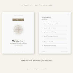 Pode incluir: Um livro de exerc&iacute;cios digital intitulado My Life Story com um gr&aacute;fico de b&uacute;ssola, contendo 250 perguntas e uma p&aacute;gina intitulada The First Things com prompts sobre mem&oacute;rias iniciais e dados de nascimento, para qualquer dispositivo.