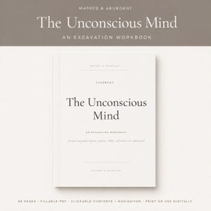 Puede incluir: Un libro de ejercicios blanco titulado The Unconscious Mind: An Excavation Workbook, con el subtítulo for noticing what repeats, protects, hides, and asks to be understood. La portada incluye la marca Mapped & Abundant y 88 páginas.