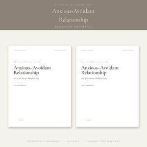 Op de afbeelding: Twee witte digitale documenthoezen met de titel Anxious-Avoidant Relationship: Out of the Pursue-Withdraw Loop. De ene is gelabeld The Workbook en de andere The Companion. Beide bevatten de tekst Mapped & Abundant en Recovery Editorial.