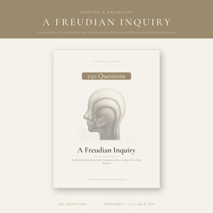 Puede incluir: Un documento digital titulado A Freudian Inquiry que presenta el texto 250 Questions y un gráfico de siluetas de cabezas humanas anidadas. La portada incluye el subtítulo Psychoanalytic Questions on the Unconscious, Desire, Defense & Recurring Patterns.
