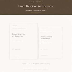以下が含まれることがあります： From Reaction to Responseというタイトルのワークブックとコンパニオンガイドのセット。白い表紙には黒い文字でAn Emotional Regulation WorkbookやCompanion Guideといったサブタイトルが記載されています。このセットには130ページ、244の入力可能フィールド、2つのインタラクティブPDFが含まれています。