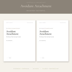 Puede incluir: Dos portadas de documentos blancas tituladas Avoidant Attachment: The Distance That Once Kept You Safe. Una está etiquetada como The Workbook y la otra como The Companion. Ambas presentan el texto Mapped & Abundant y Recovery Editorial.
