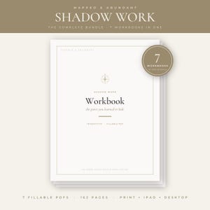 May include: A white digital workbook cover titled Shadow Work, the parts you learned to hide, featuring a compass icon, a circular badge stating 7 workbooks in one bundle, and text indicating it is an interactive, fillable PDF publication.
