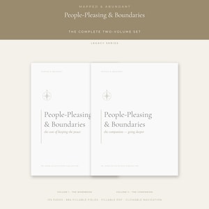 May include: A two-volume book set titled People-Pleasing & Boundaries. Volume I is subtitled the cost of keeping the peace, and Volume II is subtitled the companion—going deeper. Both white covers feature a compass icon and Inner Atlas Studio branding.