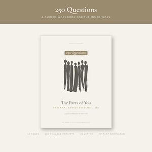 May include: A guided workbook titled 250 Questions: The Parts of You, Internal Family Systems - IFS. The cover features a dark gray abstract illustration of seven figures on a light beige background, with 42 pages and US letter size format.