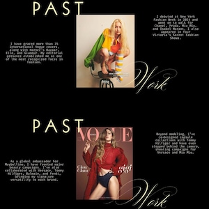 May include: A portfolio website for model Gigi Hadid. The site features images from her modeling career, including Vogue covers and campaigns for brands like Maybelline and Versace. The site includes a "Work With Me" call to action.