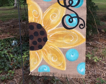 Handpainted Burlap Garden Flag ....Sunflower & Polka Dots