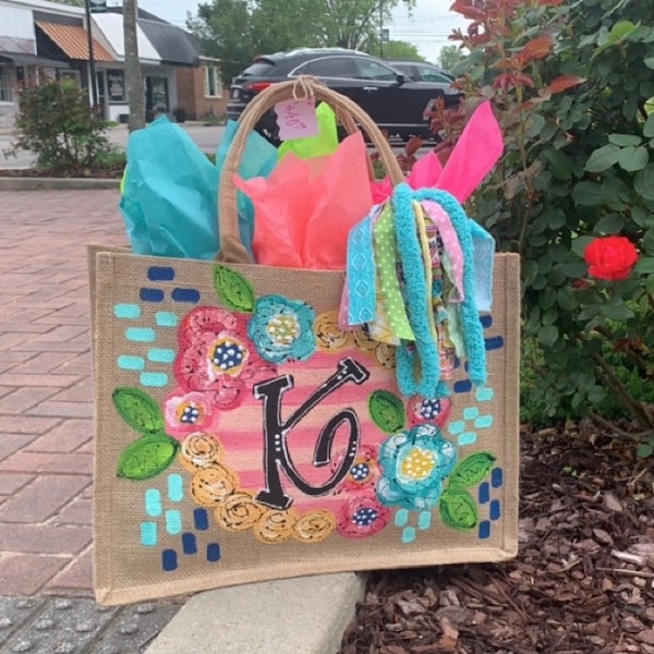 Handpainted Burlap Tote Bag Mother’s Day Bag Teacher Appreciation Beach Bag