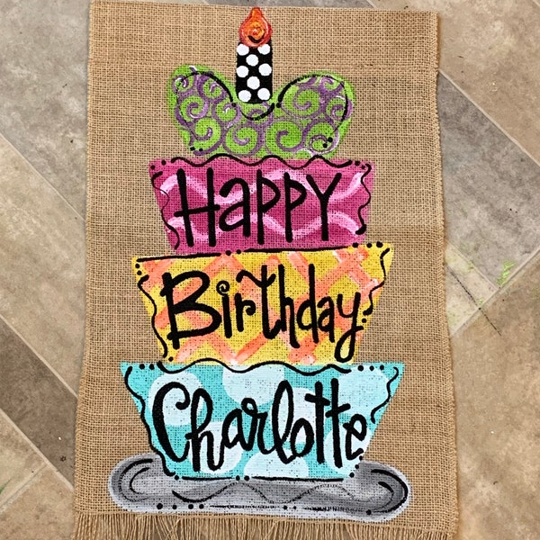 SALE!!!!   Handpainted Burlap Garden Flag ...Happy Birthday Flag