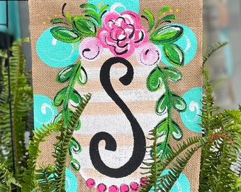 Handpainted Burlap Garden Flag; Floral Initial flag