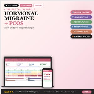 May include: A digital bundle for hormonal migraine and PCOS, displayed on a laptop and smartphone. The bundle includes cycle-day tracking, hormone patterns, and a PCOS meal planner. The text reads "Track what your body is telling you."