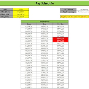 May include: A pay schedule for the year 2026, detailing bi-weekly pay periods. The table includes start and end dates, pay dates, and a note about red-filled cells. The pay frequency is 26 times per year.