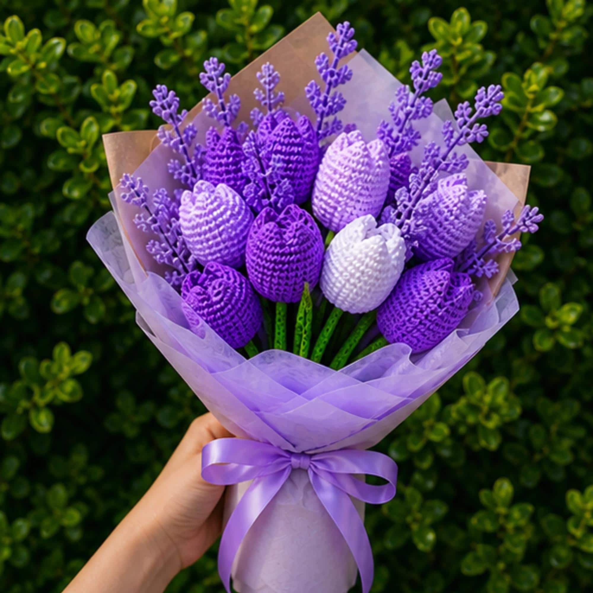 30 Crochet Patterns for Gifts, Decor, Accessories, and Amigurumi 12 Lavender Tulip Bouquet Crochet Pattern