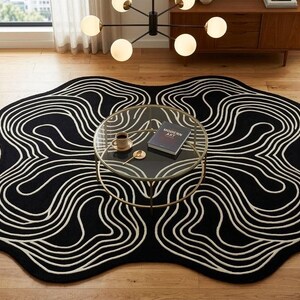 Może przedstawiać: Czarno-biały dywan z falistym wzorem w salonie. Szklany stolik kawowy, szara sofa i biały fotel. Nowoczesny żyrandol wisi nad dywanem. Wzór dywanu i meble tworzą nowoczesną aranżację wnętrza.