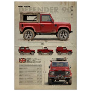 May include: A poster showcasing a red Land Rover Defender 90 with a tan soft top, alongside smaller images of the vehicle. The poster includes the text "LAND ROVER DEFENDER 90" and vehicle specifications.