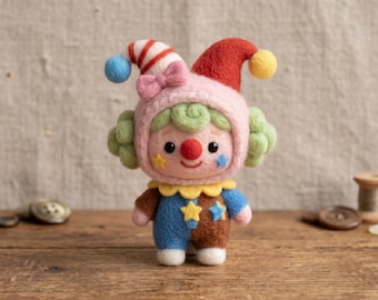 Needle Felted Clown Plushie, Handmade Jester Doll, Handmade Wool Desk Decor, Cute Felt Gift, gift for kids