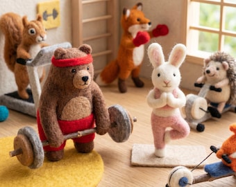 Handmade Needle Felted Bear Weightlifting & Bunny Yoga Figurines – Cute Anthropomorphic Animal Desk Decor