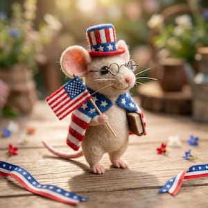 Op de afbeelding: Een grillige vilten muisfiguur met een patriottische hoge hoed, bril en een cape met sterren. Het houdt een miniatuur Amerikaanse vlag en een klein boek vast, tegen een vage achtergrond met bloemaccenten en een houten oppervlak.