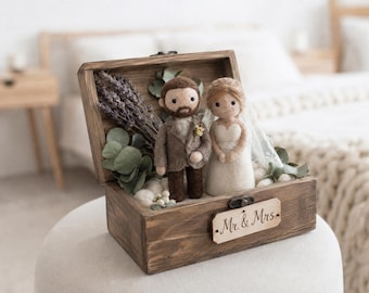 Custom Needle Felted Wedding Cake Topper, Personalized Bride and Groom Figurines from Photo, Felt Couple in Wooden Box, Anniversary Gift