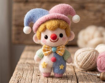 Needle Felted Clown Plushie, Handmade Jester Doll, Handmade Wool Desk Decor, Cute Felt Gift, gift for kids