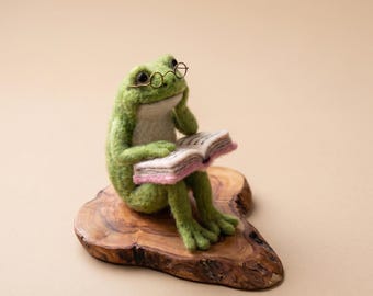 Wool Felt Frog Duo:  Lotus Leaf Frog & Reading Frog Figurine – Cozy Ornament