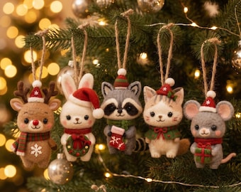 Handmade Needle Felt Christmas Forest Animal Set, Xmas Animal Figurines & Tree Ornaments, Holiday Home Decor Gift