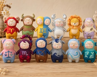 Needle Felted Zodiac Doll, Cute Handmade Astrology Plush Figurine, Original Felt Desk Companion, Peaceful Zodiac Gift for Her, Cute Decor