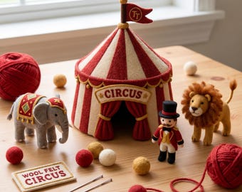 Handmade Circus Felt Ornament , Mini Carnival Tent with Lion & Elephant, 7.5cm Collectible Decor