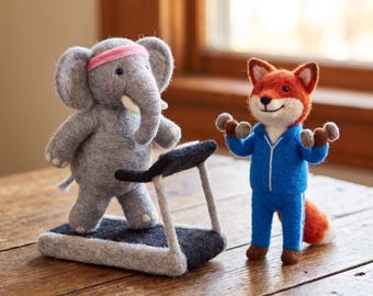 Needle Felt Animals, Wool Felt Figurine, Fitness Elephant Fox Wool Gym Treadmill Weightlifting Animal Figurine