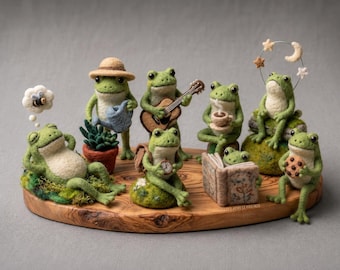 Needle Felt Frog Family Figurines, Handmade Frog Decor, Cute Woodland Animal Miniatures, Cottagecore Gift, Frog Lover Gift, Moss Display