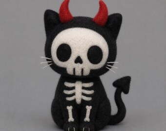 Needle Felted Devil Skeleton Cat Figurine, Gothic Spooky Halloween Desk Ornament, Creepy Cute Home Decoration Gift