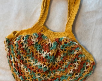Crocheted Cotton Market Bag:  Yellows/Greens/Reds with a Yellow handle