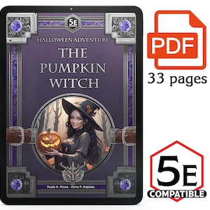 Può includere: Un libro di avventura digitale di Halloween intitolato "The Pumpkin Witch" visualizzato su un tablet. La copertina presenta una strega che tiene in mano una zucca intagliata. Il libro è di 33 pagine ed è compatibile con 5E.
