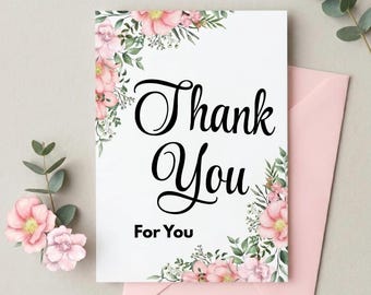 Florale Dankeskarte | Rosa Aquarell Blumen, elegante Hochzeit (digitaler Download)