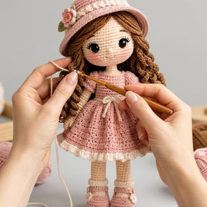 May include: A handmade crochet doll wearing a pink dress, matching hat with a flower, and shoes. The doll has brown curly hair and is being crocheted with a wooden hook and white yarn. The doll is a charming handmade item.