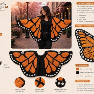 Può includere: Cardigan all'uncinetto a farfalla monarca, arancione, nero e bianco. L'apertura alare è di 203 cm e la lunghezza di 70 cm. Taglia unica, ideale per l'autunno e la primavera. Il modello include una guida ai colori e istruzioni per la cura.
