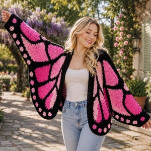 Monarch Butterfly, Crochet Top Pattern PDF, Pink & Black Butterfly Wing Cardigan, Handmade Crochet Top Tutorial Easy Bigenner Freindly Guide