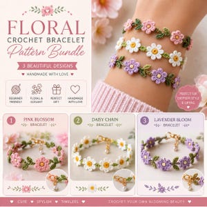 Pode incluir: Um conjunto de padrões de pulseiras de croché com três designs florais: uma pulseira de flores cor-de-rosa, uma de margaridas brancas e uma de flores lavanda. Cada pulseira apresenta ramos verdes com flores e um pequeno pendente.